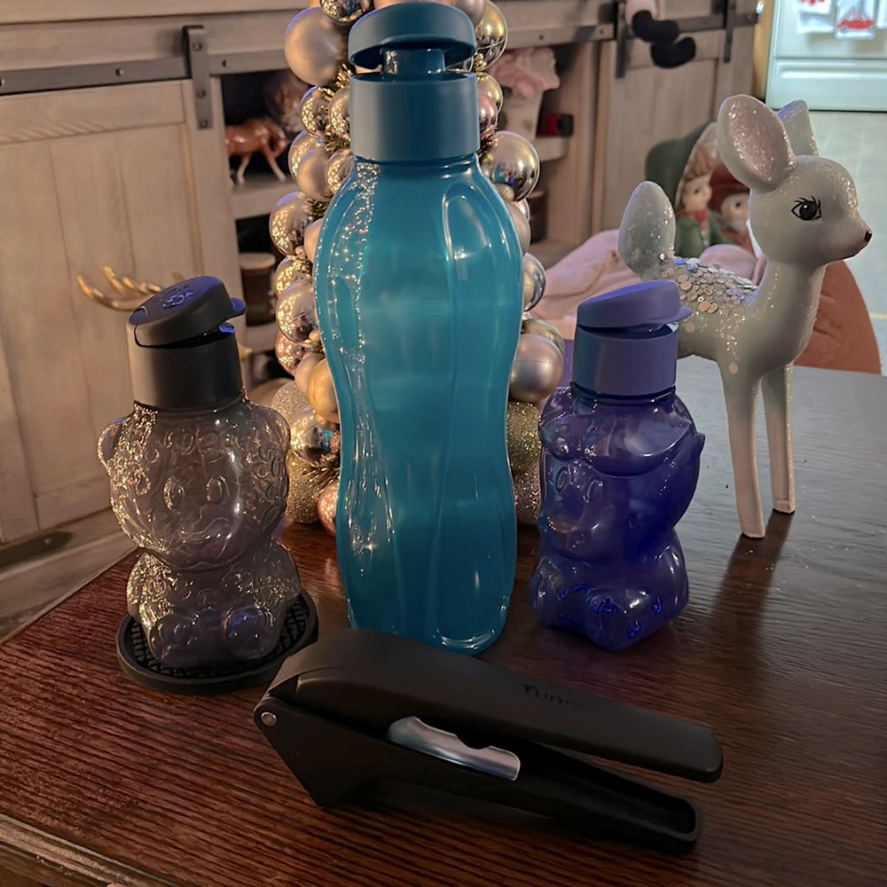 Lot of Tupperware. 2 bear shaped reusable water bottles,big water